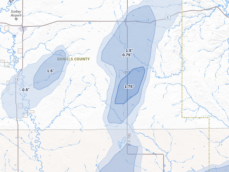 NEXRAD radar-signature map of the hail over Flaxville, MT