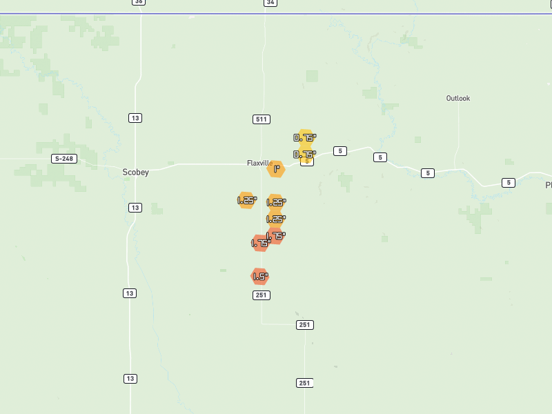 Hail map of Flaxville, MT on Jul 3, 2026, hail up to 1.75"