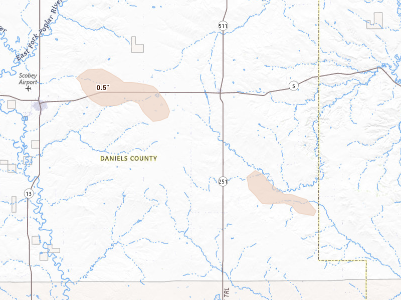 Radar-estimated hail-size map of the storm over Flaxville, MT on Aug 9, 2026