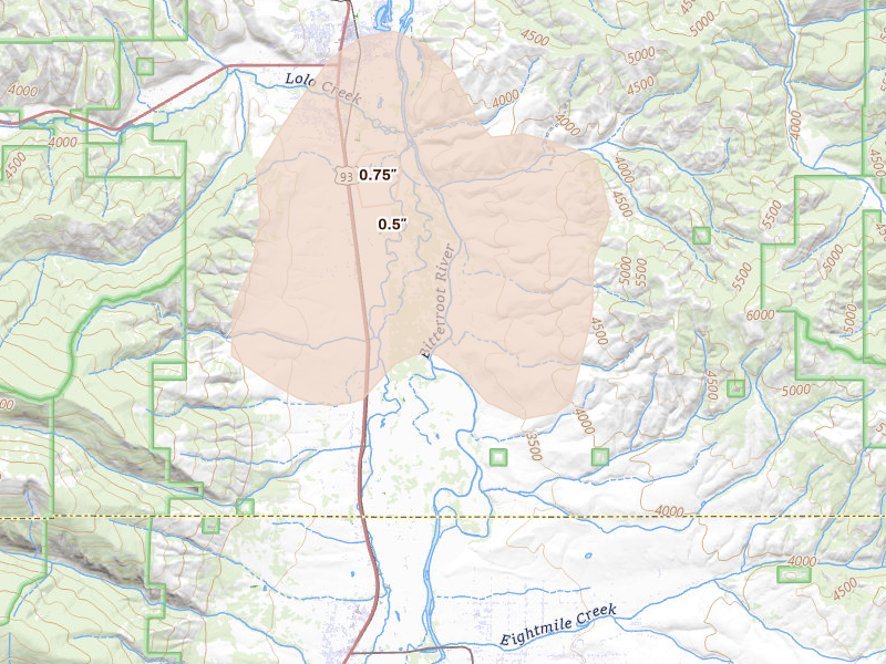 Radar-estimated hail-size map of the storm over Florence, MT on May 28, 2026