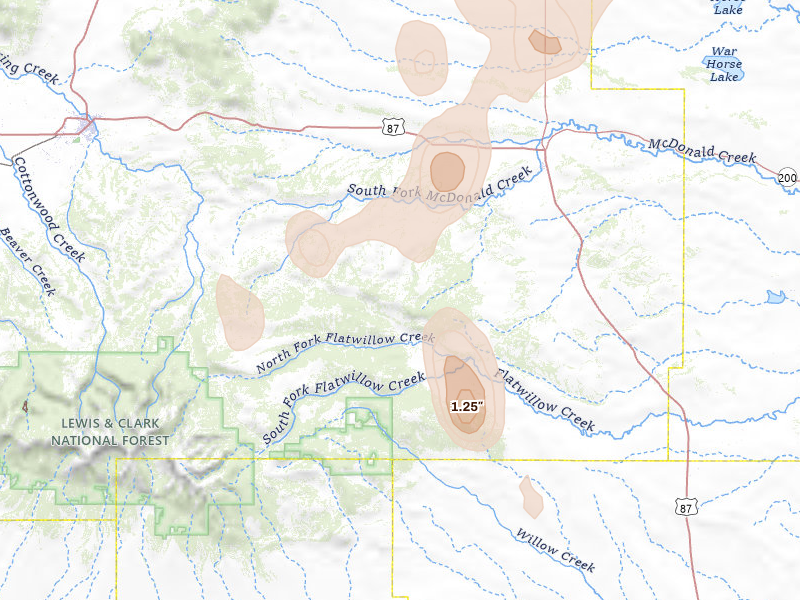 Radar-estimated hail-size map of the storm over Forest Grove, MT on May 29, 2026