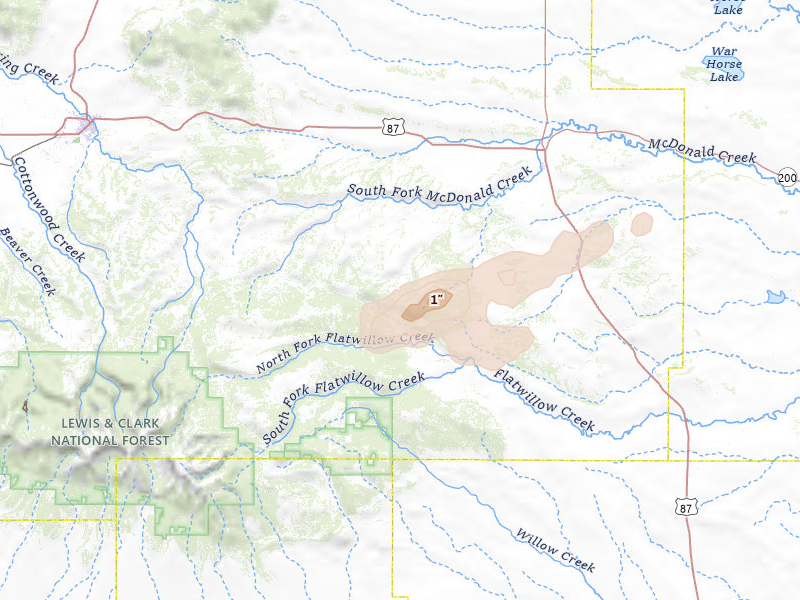 Radar-estimated hail-size map of the storm over Forest Grove, MT on Jul 3, 2026