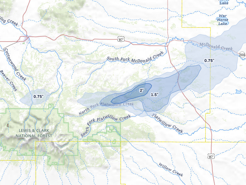 NEXRAD radar-signature map of the hail storm over Forest Grove, MT on Jul 3, 2026