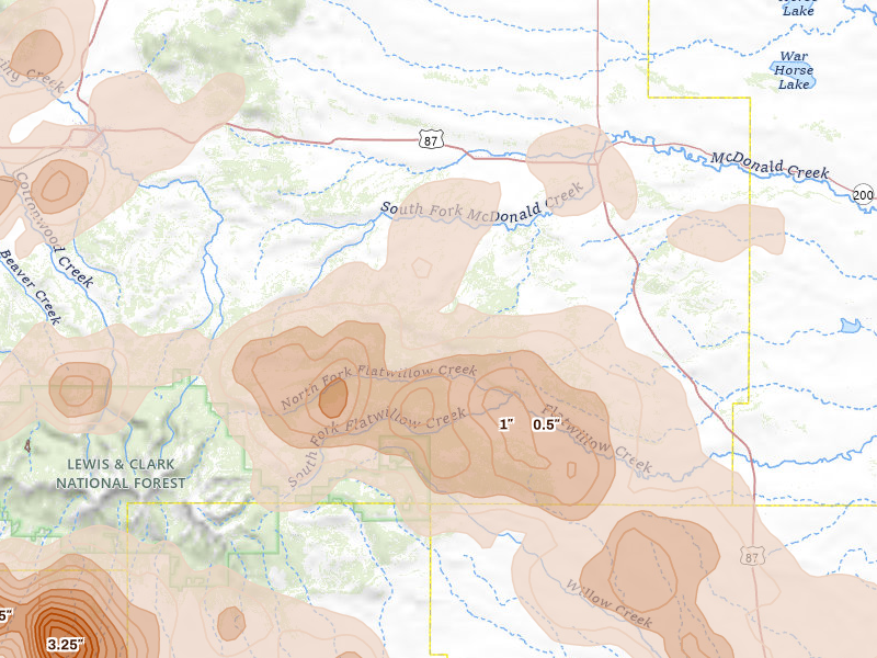 Radar-estimated hail-size map of the storm over Forest Grove, MT on Jul 14, 2026