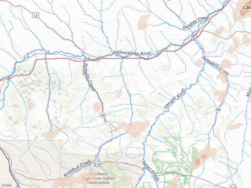 Radar-estimated hail-size map of the storm over Forsyth, MT on Jun 1, 2026