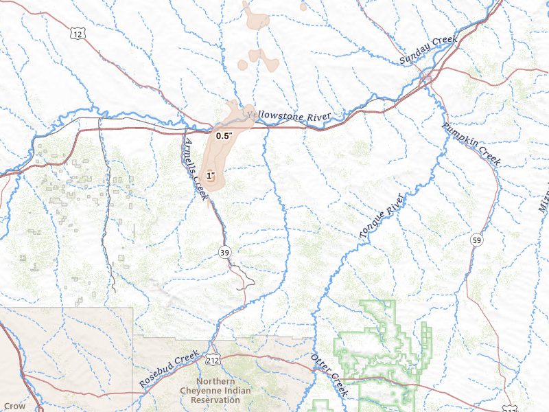 Radar-estimated hail-size map of the storm over Forsyth, MT on Jun 6, 2026