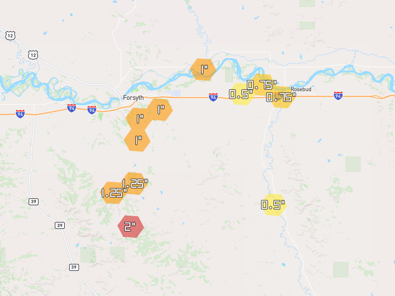 Hail map of Forsyth, MT on Jun 7, 2026, hail up to 2"