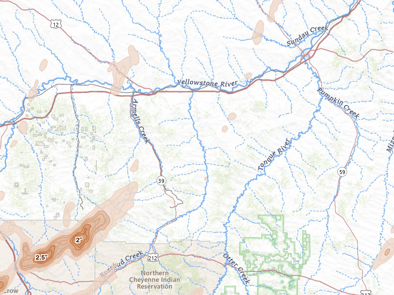 Radar-estimated hail-size map of the storm over Forsyth, MT on Jun 27, 2026