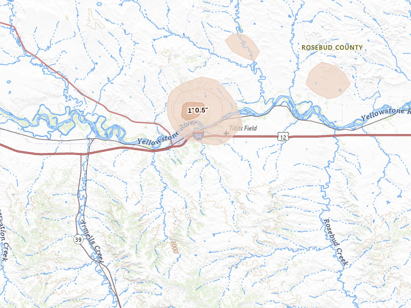 Radar-estimated hail-size map of the storm over Forsyth, MT on Jul 8, 2026
