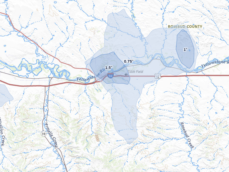 NEXRAD radar-signature map of the hail storm over Forsyth, MT on Jul 8, 2026