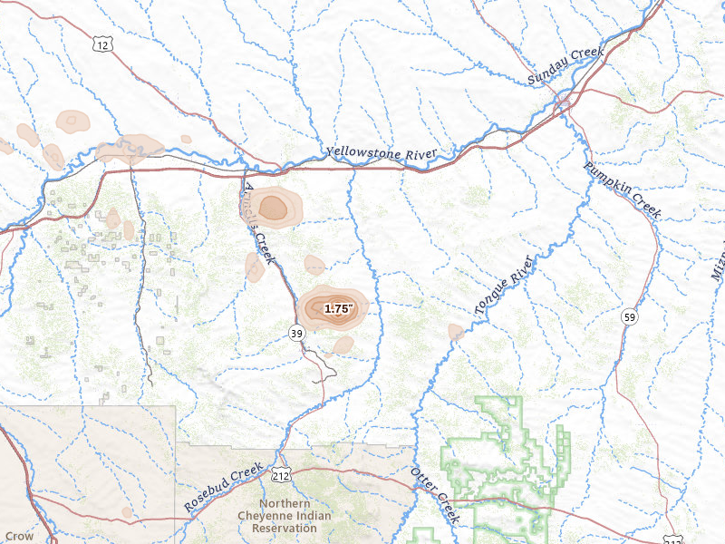 Radar-estimated hail-size map of the storm over Forsyth, MT on Jul 16, 2026