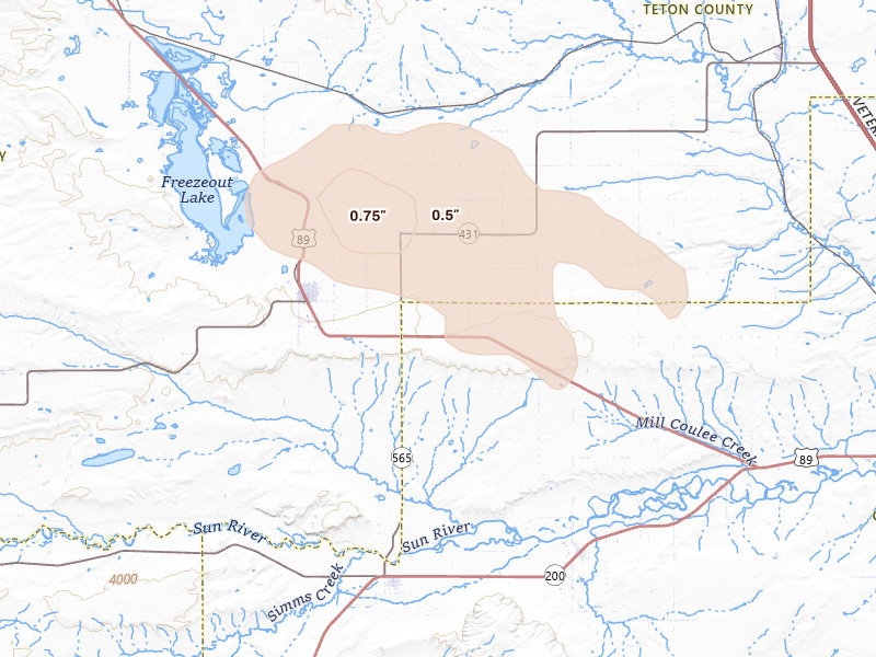 Radar-estimated hail-size map of the storm over Fort Shaw, MT on Jun 12, 2026