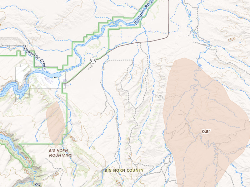 Radar-estimated hail-size map of the storm over Fort Smith, MT on Jun 27, 2026
