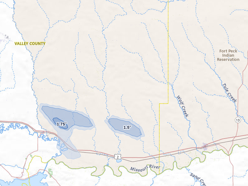 NEXRAD radar-signature map of the hail storm over Frazer, MT on Jul 3, 2026