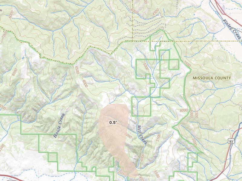 Radar-estimated hail-size map of the storm over Frenchtown, MT on May 27, 2026