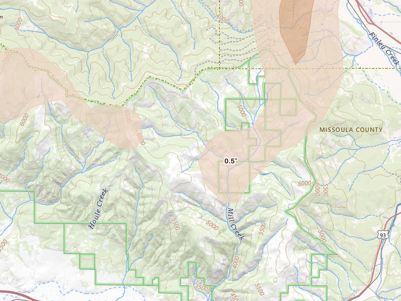 Radar-estimated hail-size map of the storm over Frenchtown, MT on May 29, 2026