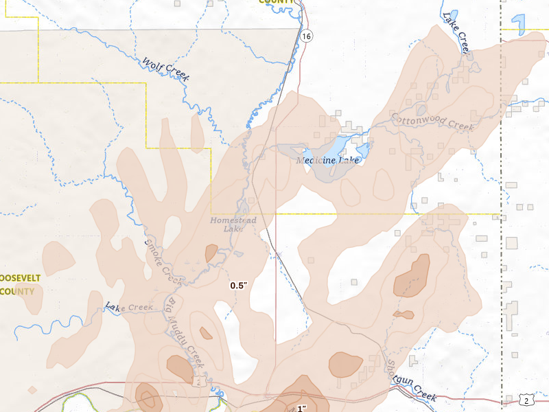 Radar-estimated hail-size map of the storm over Froid, MT on Jun 6, 2026
