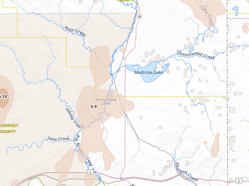 Radar-estimated hail-size map of the storm over Froid, MT on Jun 27, 2026