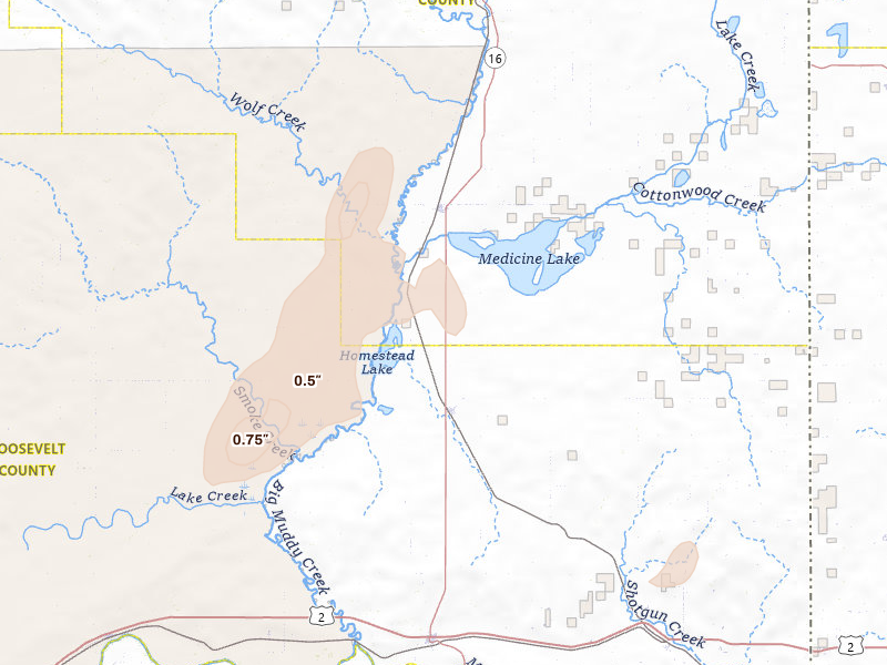 Radar-estimated hail-size map of the storm over Froid, MT on Jul 3, 2026