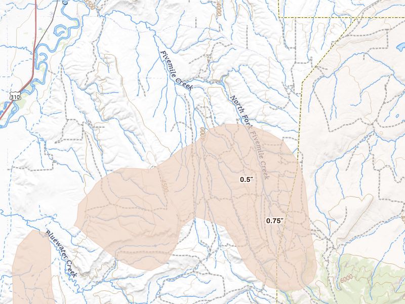 Radar-estimated hail-size map of the storm over Fromberg, MT on Jun 27, 2026