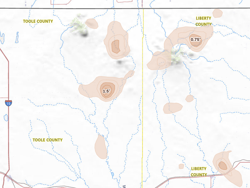 Radar-estimated hail-size map of the storm over Galata, MT on May 28, 2026