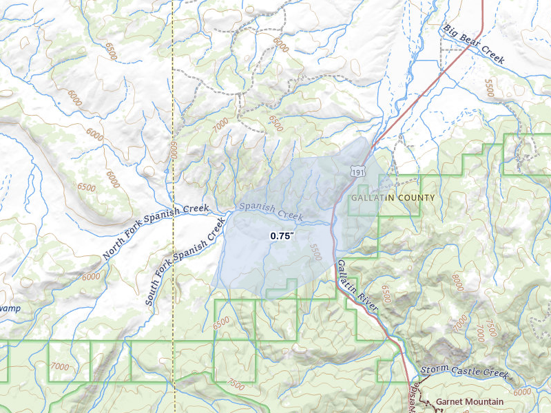 NEXRAD radar-signature map of the hail storm over Gallatin Gateway, MT on Jul 25, 2026