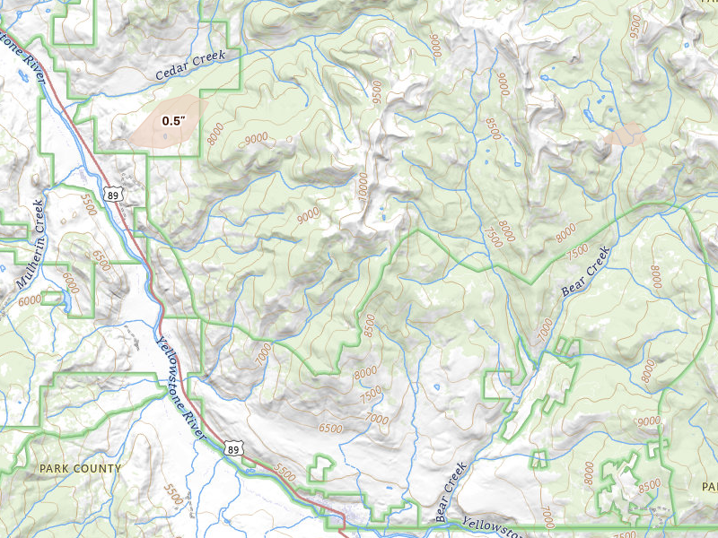 Radar-estimated hail-size map of the storm over Gardiner, MT on Jul 7, 2026