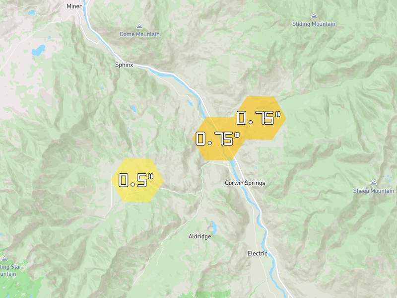Hail map of Gardiner, MT on Jul 7, 2026, hail up to 0.75"