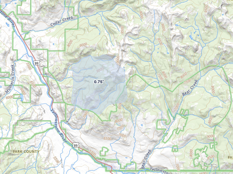 NEXRAD radar-signature map of the hail storm over Gardiner, MT on Jul 8, 2026