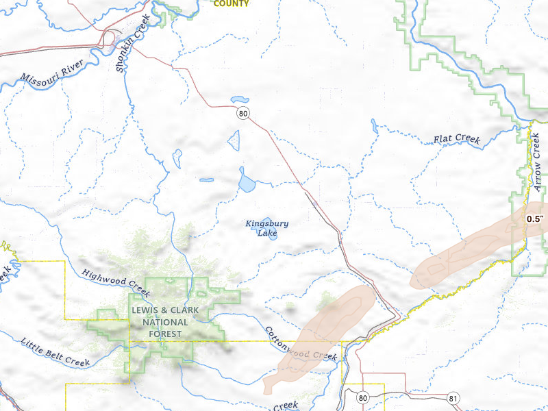 Radar-estimated hail-size map of the storm over Geraldine, MT on Jul 8, 2026