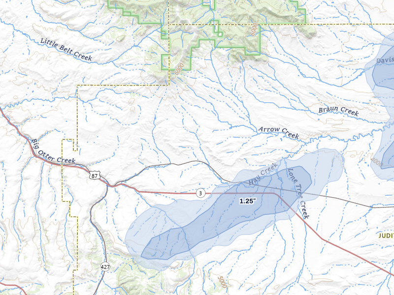 NEXRAD radar-signature map of the hail storm over Geyser, MT on Jul 8, 2026