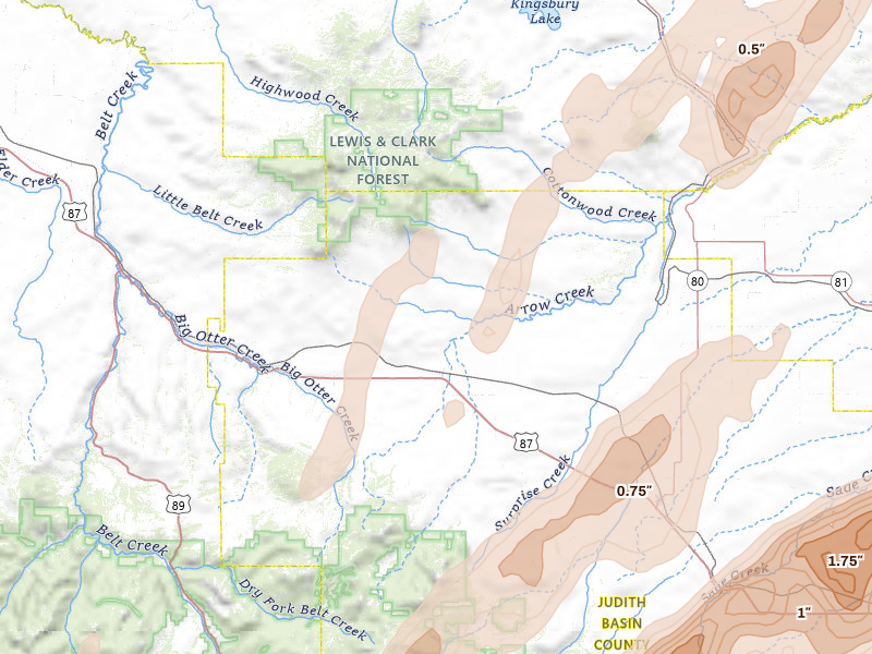 Radar-estimated hail-size map of the storm over Geyser, MT
