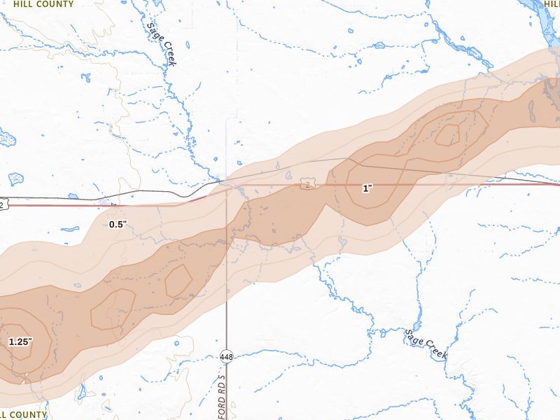 Radar-estimated hail-size map of the storm over Gildford, MT on Aug 23, 2026
