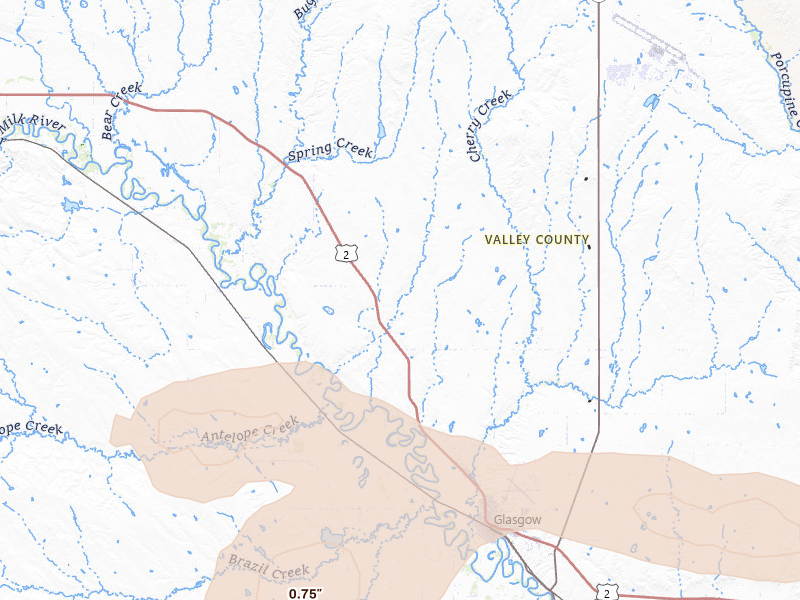 Radar-estimated hail-size map of the storm over Glasgow, MT on Jul 3, 2026