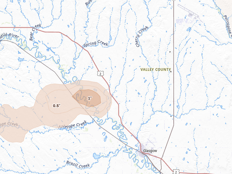 Radar-estimated hail-size map of the storm over Glasgow, MT on Jul 8, 2026