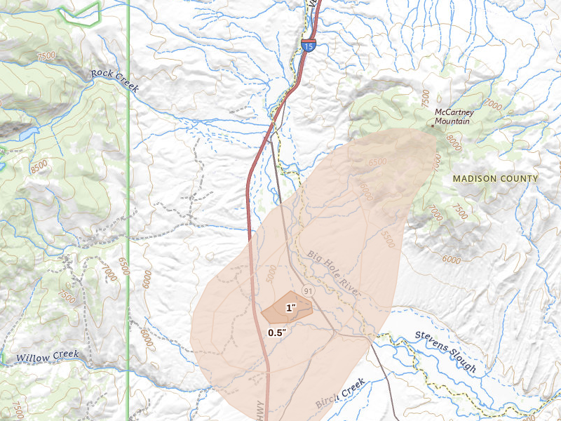 Radar-estimated hail-size map of the storm over Glen, MT on Aug 29, 2026