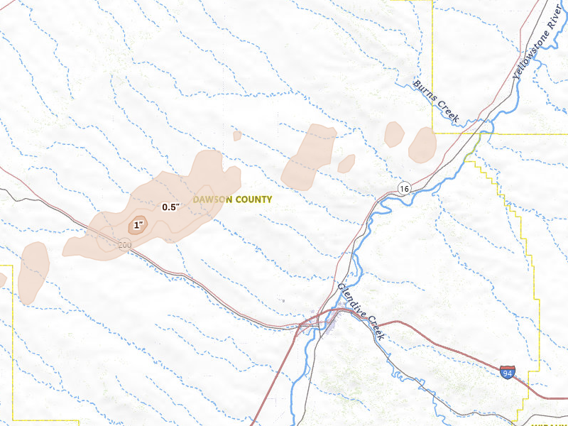 Radar-estimated hail-size map of the storm over Glendive, MT on Jun 1, 2026