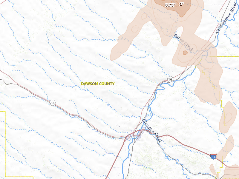 Radar-estimated hail-size map of the storm over Glendive, MT on Jun 27, 2026