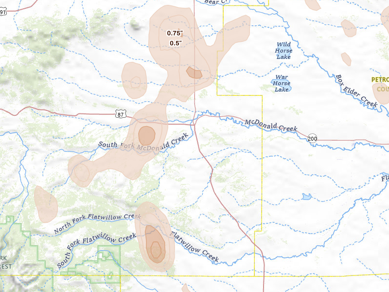 Radar-estimated hail-size map of the storm over Grass Range, MT on May 29, 2026