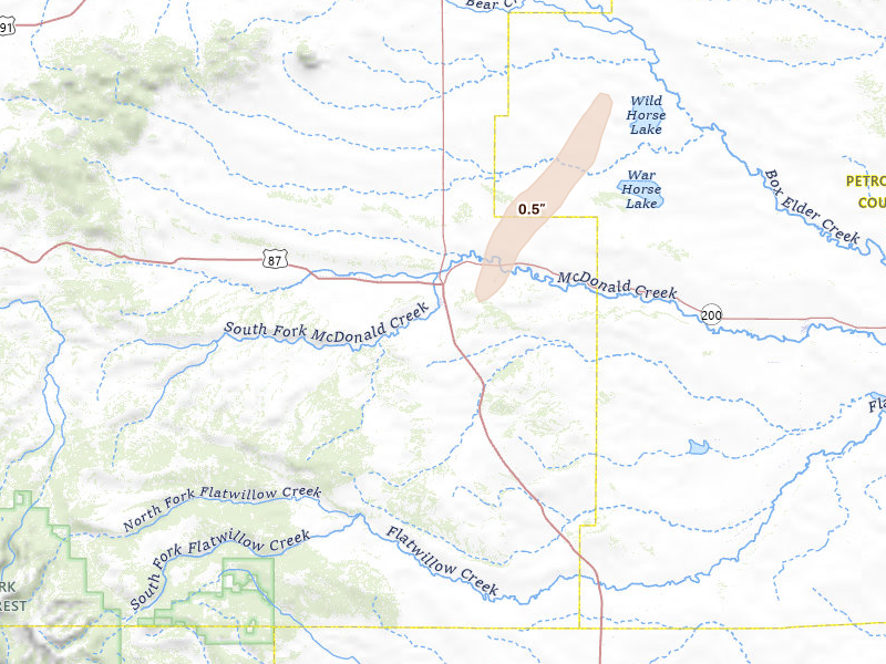 Radar-estimated hail-size map of the storm over Grass Range, MT on Jul 2, 2026