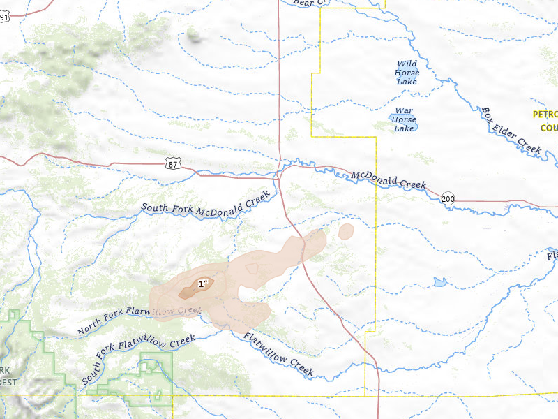Radar-estimated hail-size map of the storm over Grass Range, MT on Jul 3, 2026