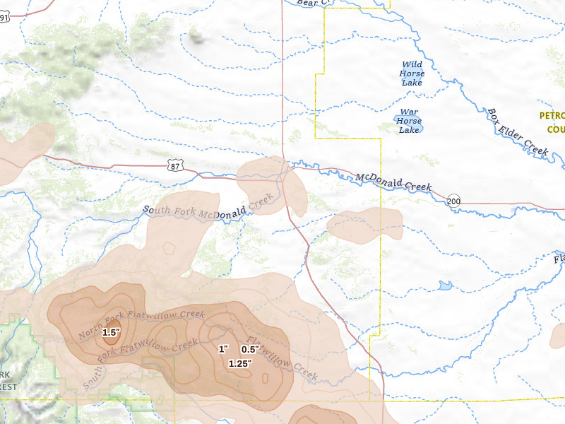 Radar-estimated hail-size map of the storm over Grass Range, MT on Jul 14, 2026