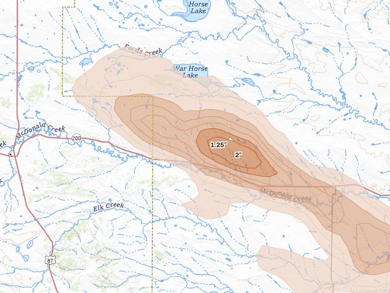 Radar-estimated hail-size map of the storm over Grass Range, MT on Aug 18, 2026