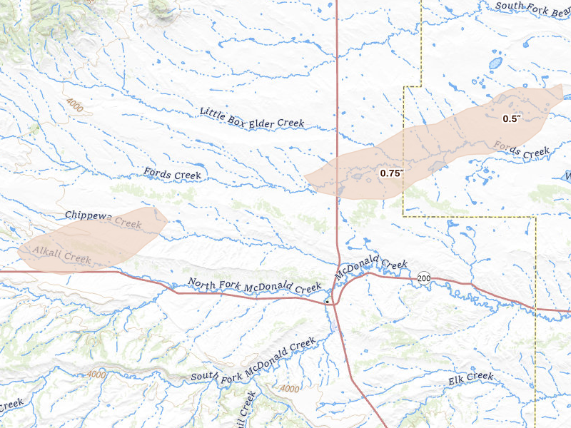 Radar-estimated hail-size map of the storm over Grass Range, MT on Aug 23, 2026