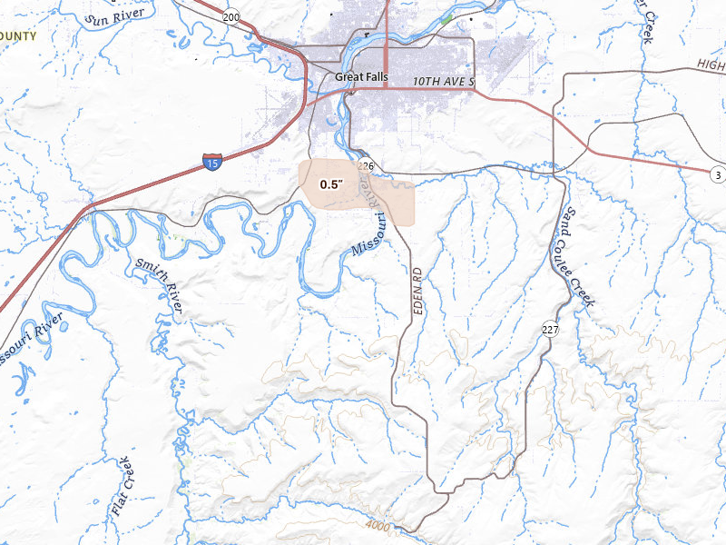 Radar-estimated hail-size map of the storm over Great Falls, MT on Jan 23, 2026