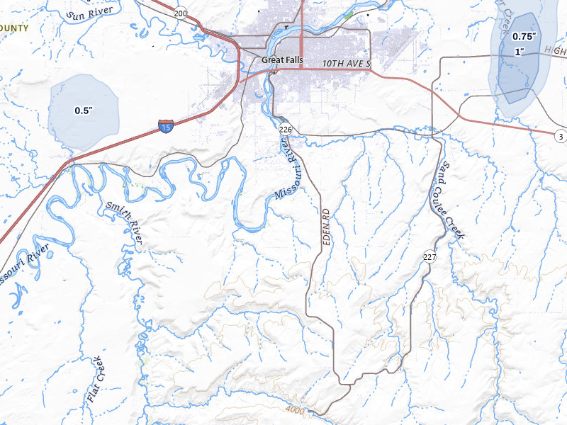 NEXRAD radar-signature map of the hail storm over Great Falls, MT on Jul 8, 2026