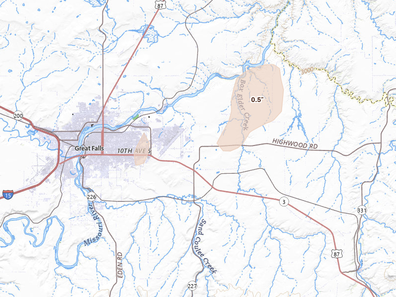 Radar-estimated hail-size map of the storm over Great Falls, MT on Aug 27, 2026