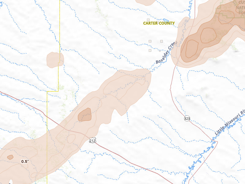 Radar-estimated hail-size map of the storm over Hammond, MT on Jun 27, 2026