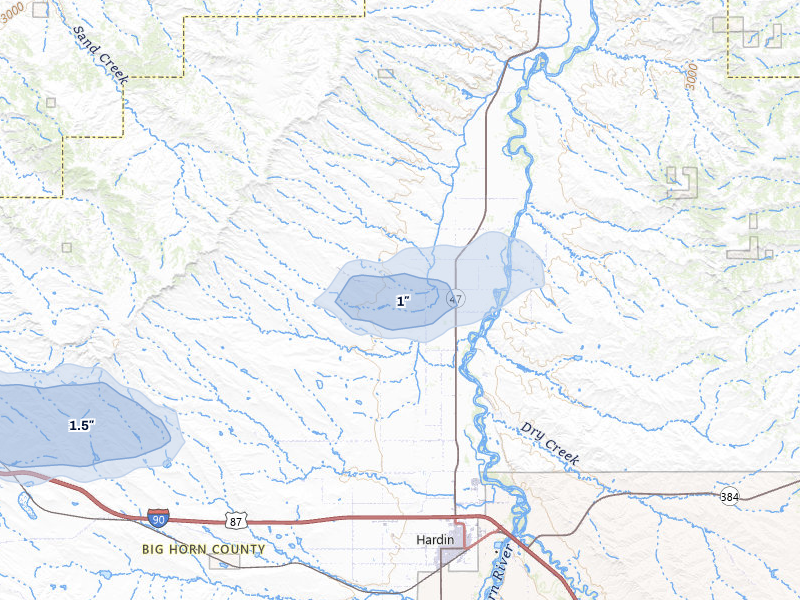 NEXRAD radar-signature map of the hail storm over Hardin, MT on Jun 1, 2026