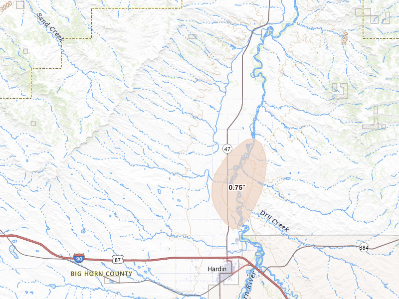 Radar-estimated hail-size map of the storm over Hardin, MT on Jun 26, 2026